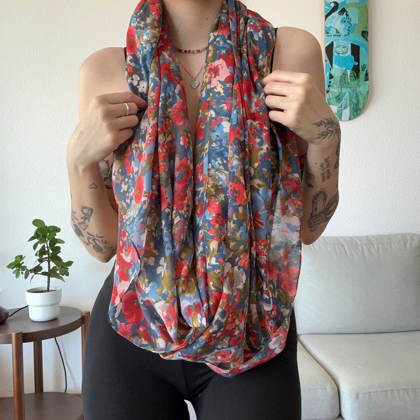 Blue Scarf with some Red and White Flowers