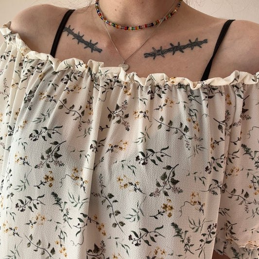 Beige Offshoulder Shirt with flower Print | Bern