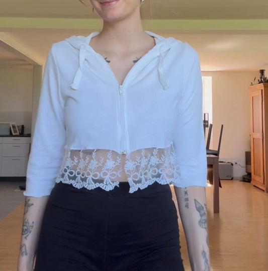 Whimsical Lace Cropped Hoodie – One of a Kind