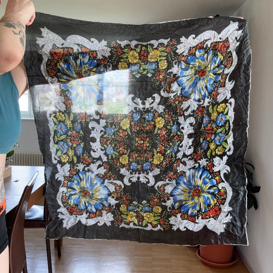 Vintage Black Foulard with colorful Flower Pattern | Bern
