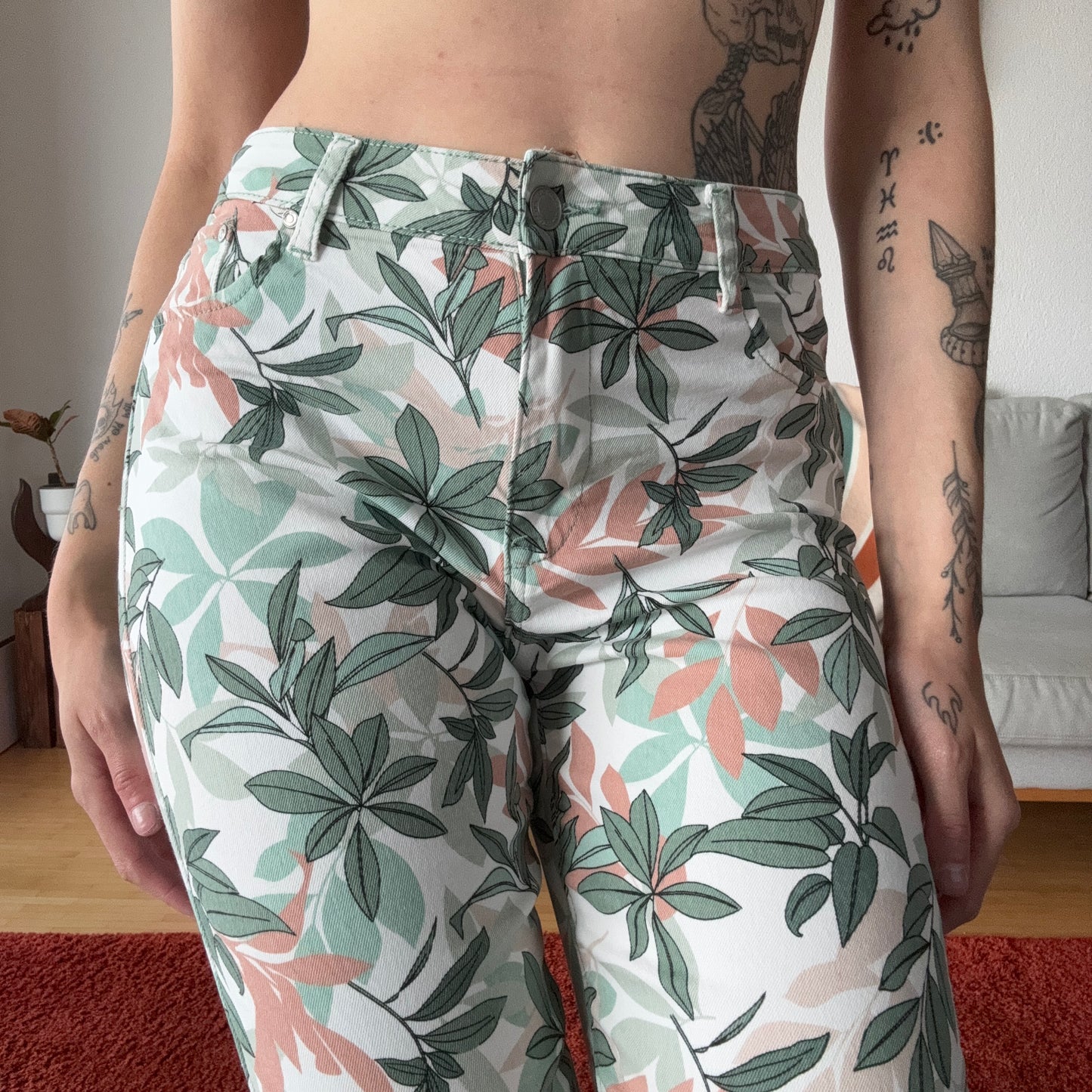 White Pants with green and pink leaves