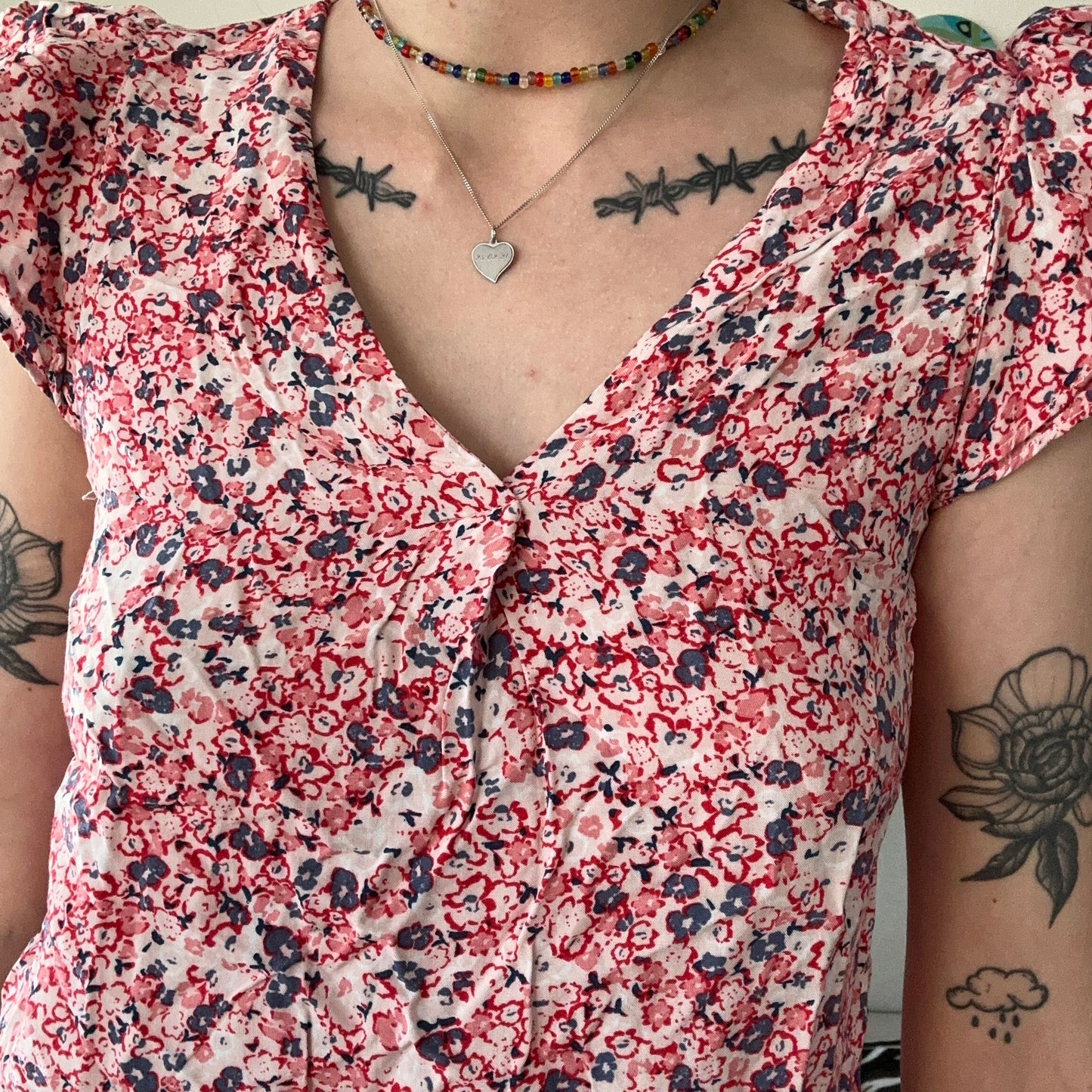 White Shirt with red and blue Flower Print | Bern