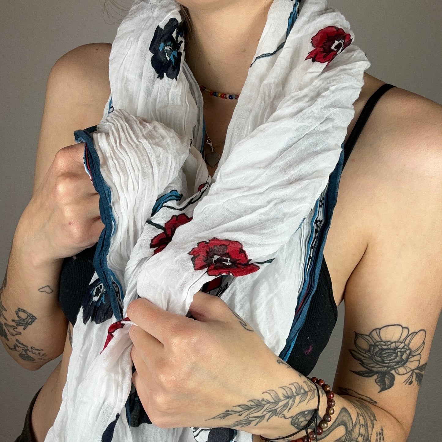 White Scarf with colorful flowers