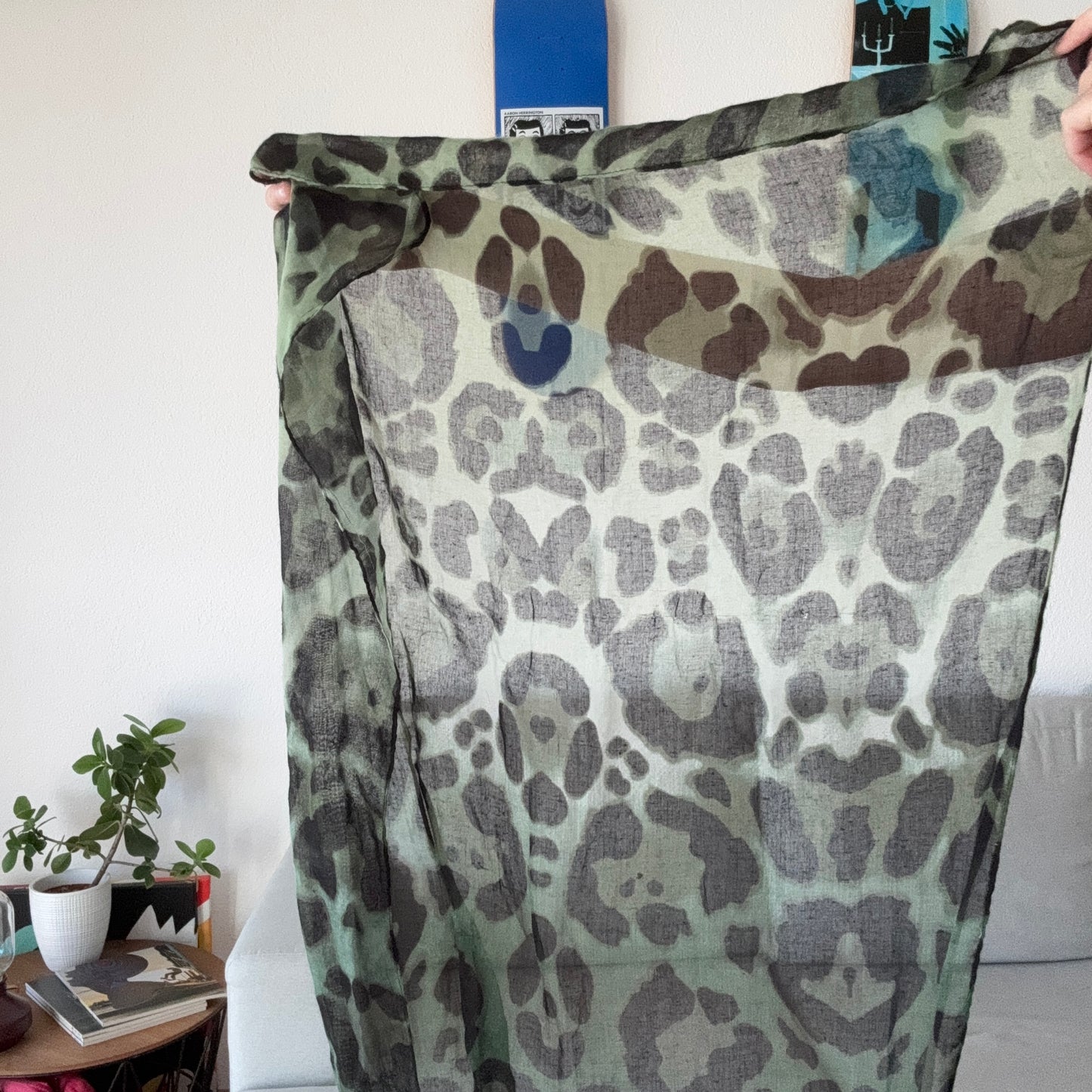 Green Scarf with Leopard Print