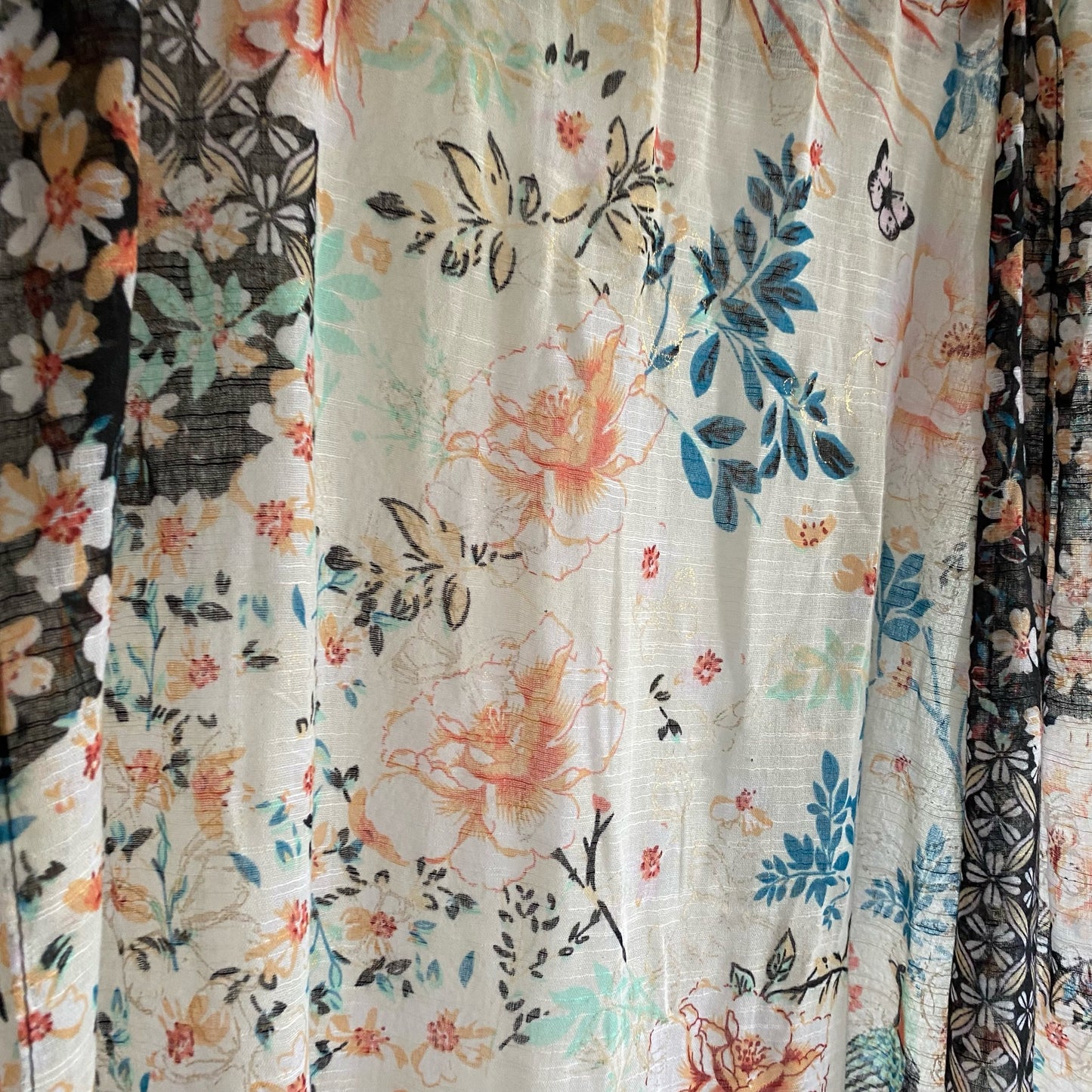 White Scarf with blue, pink and black pattern