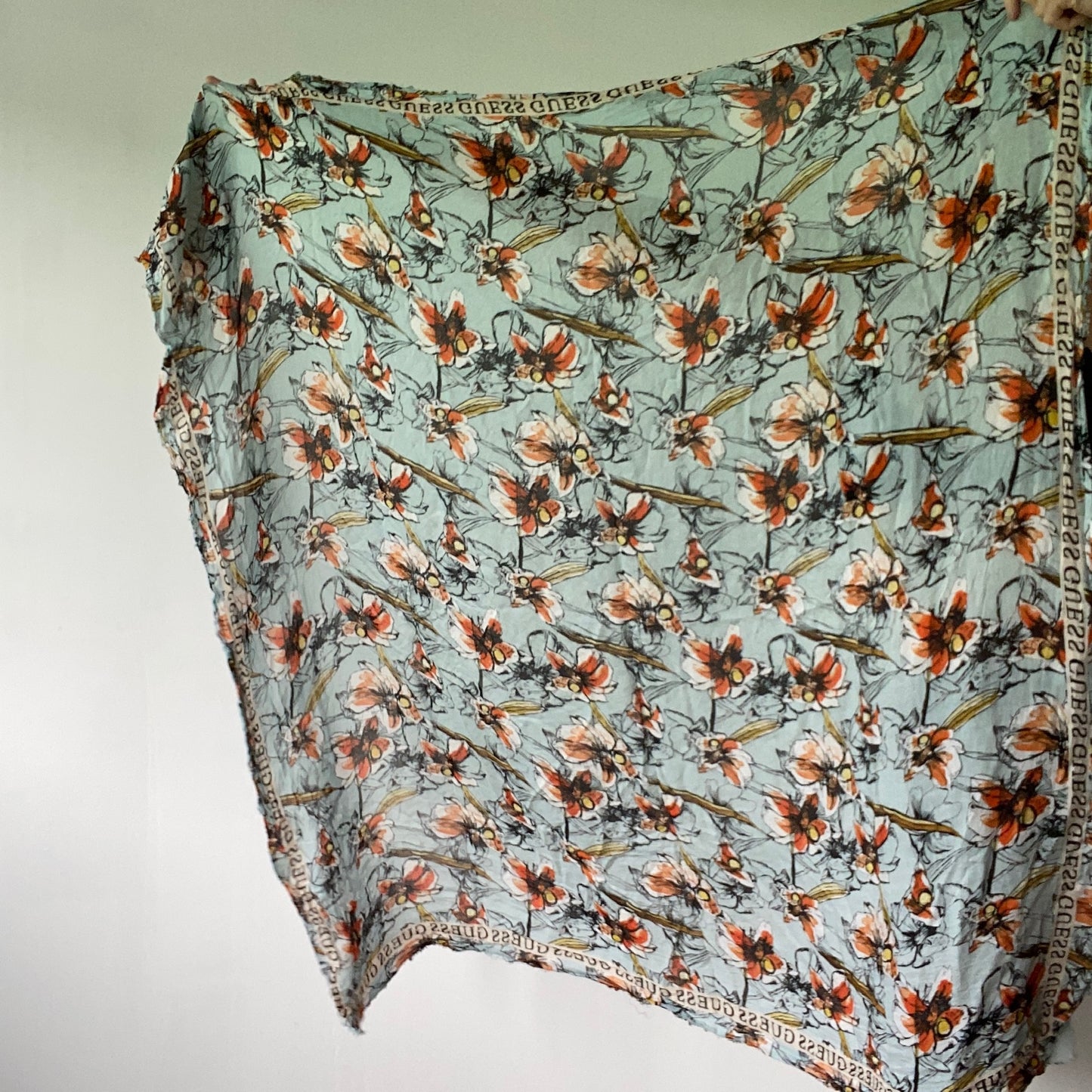 Blue Scarf with orange black white pattern