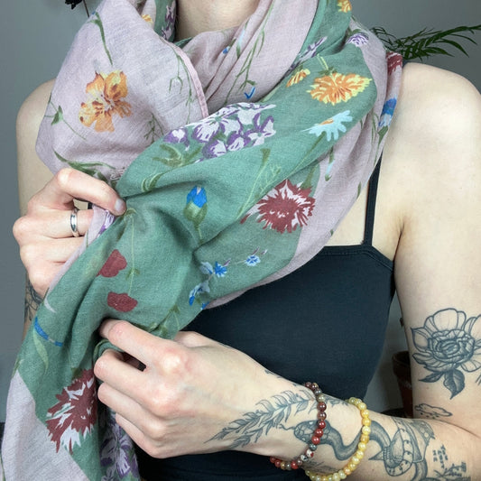 Pink and Green Scarf with Flowers
