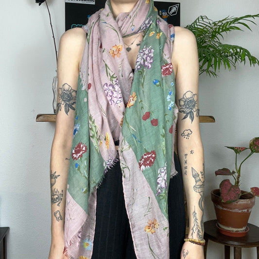 Pink and Green Scarf with Flowers