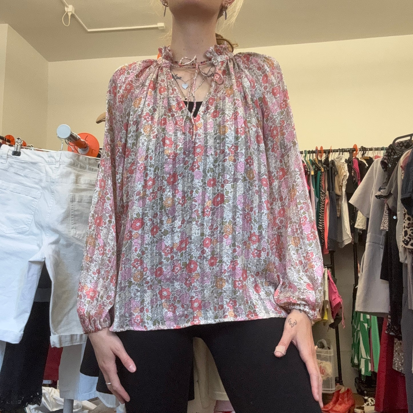 White Blouse with pink and green Flower Pattern | Bern