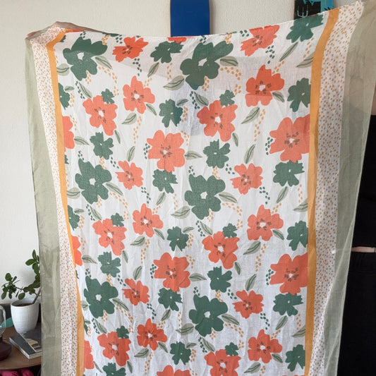 White Scarf with orange and green flowers