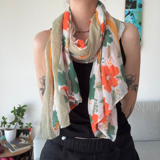 White Scarf with orange and green flowers
