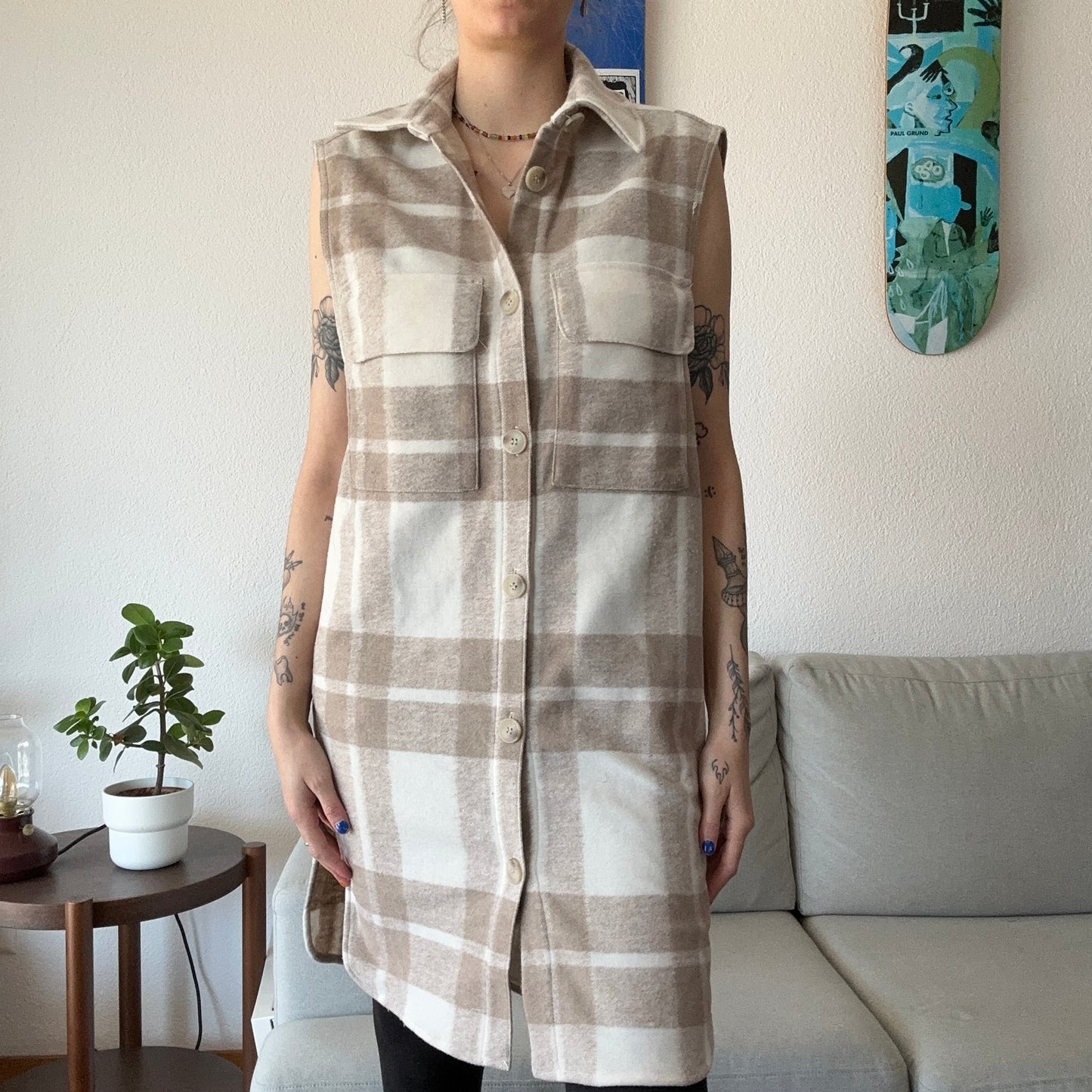 White and Beige checked Coat without sleeves