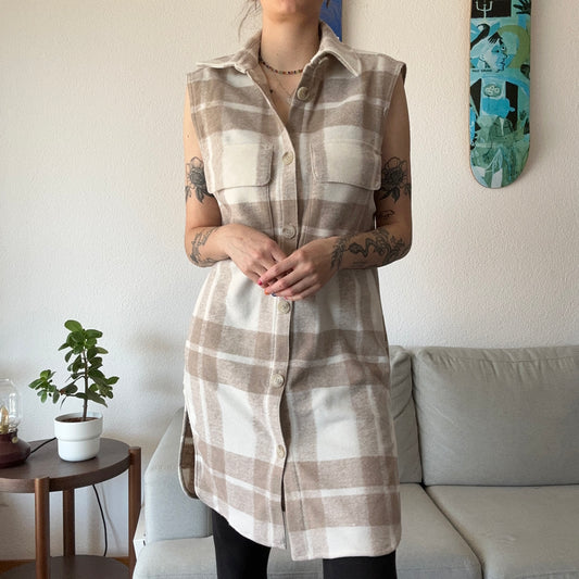 White and Beige checked Coat without sleeves