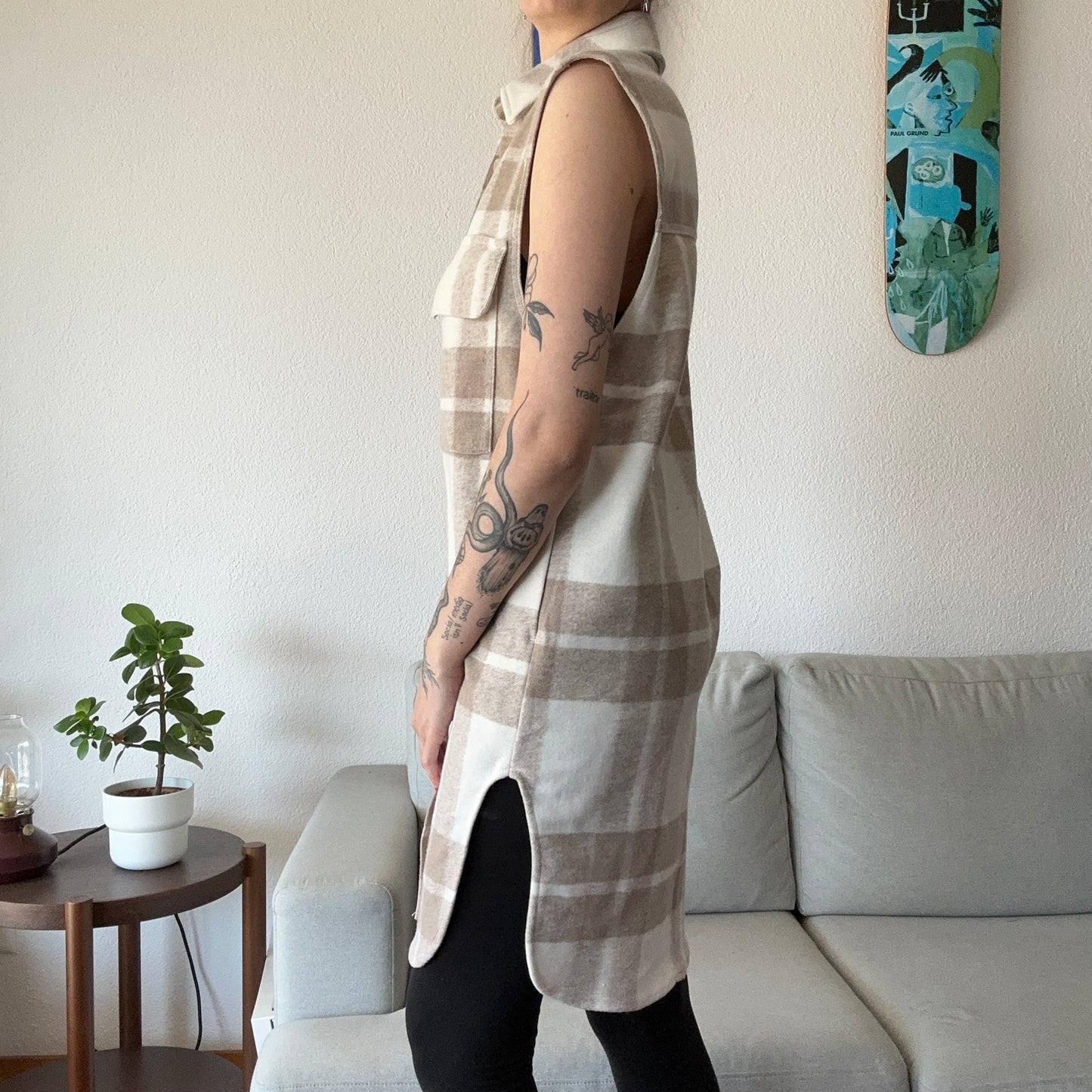 White and Beige checked Coat without sleeves