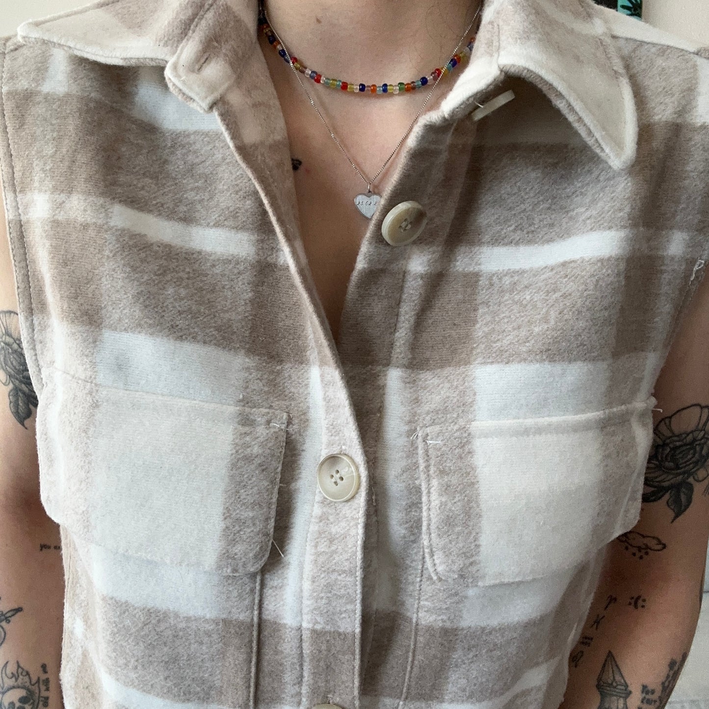 White and Beige checked Coat without sleeves