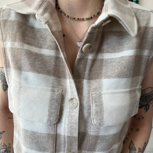 White and Beige checked Coat without sleeves