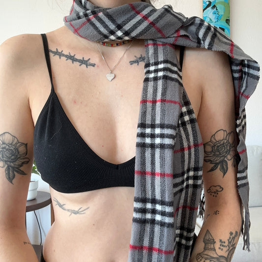 Gray Scarf with black and red stripes