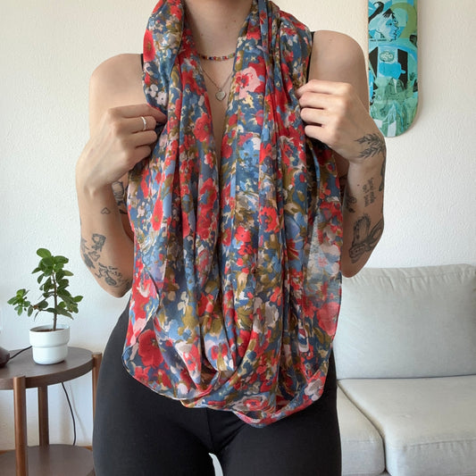 Blue Scarf with some Red and White Flowers