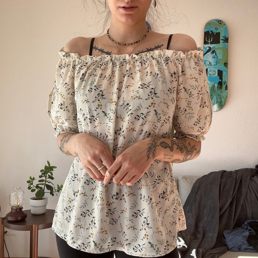 Beige Offshoulder Shirt with flower Print | Bern