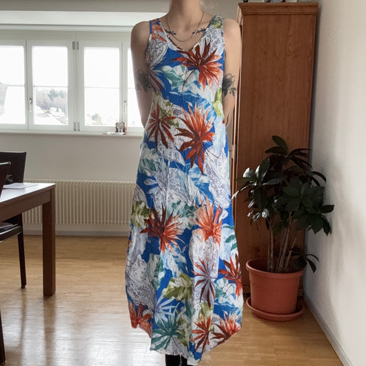 White Dress with Blue, orange, white and green pattern | Bern