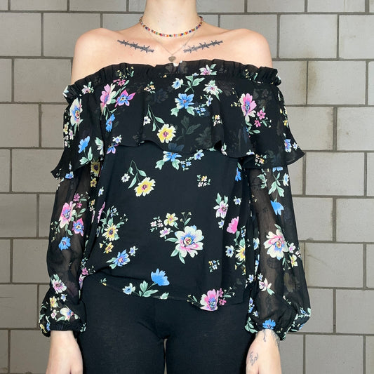 Black offshoulder Blouse with Flowers | Bern
