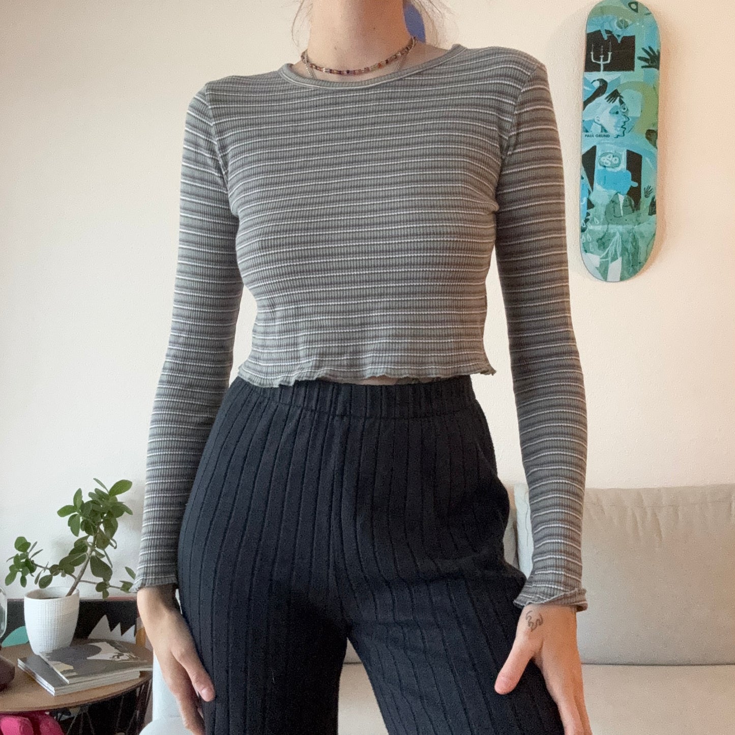 Brown, Green, White and blue Striped cropped Longsleeve