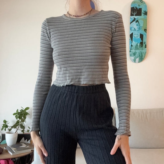 Brown, Green, White and blue Striped cropped Longsleeve