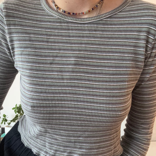 Brown, Green, White and blue Striped cropped Longsleeve