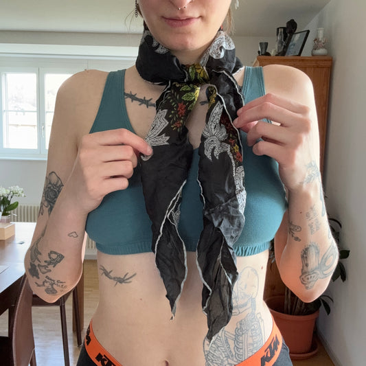 Vintage Black Foulard with colorful Flower Pattern | Bern