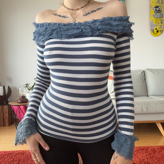 White and Blue Striped Offshoulder Longsleeve | Bern