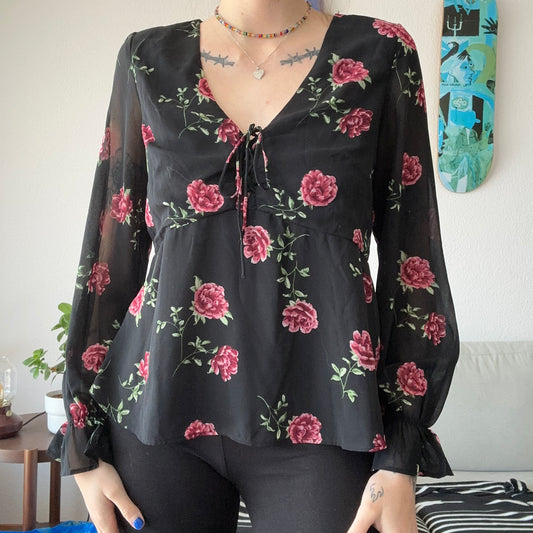 Black Blouse with pink Flowers | Bern