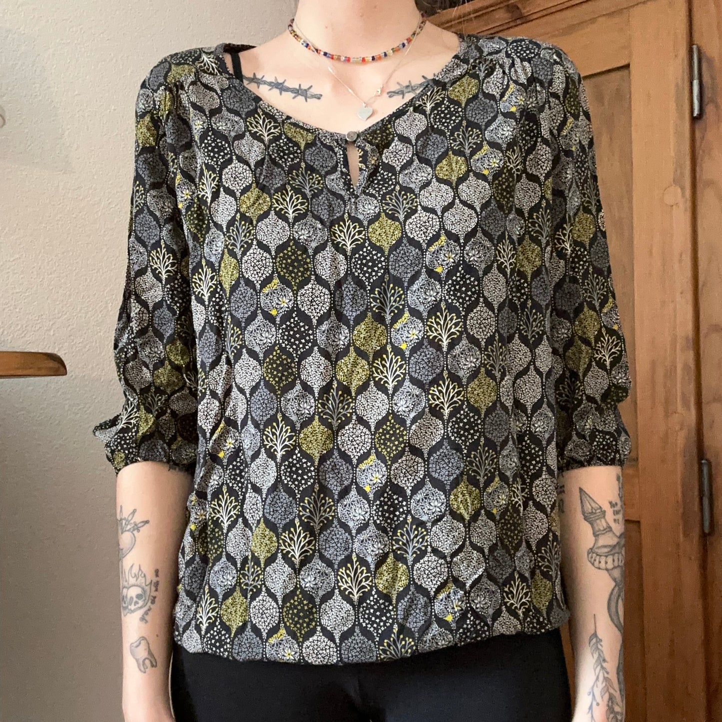 Black Blouse with yellow and gray details