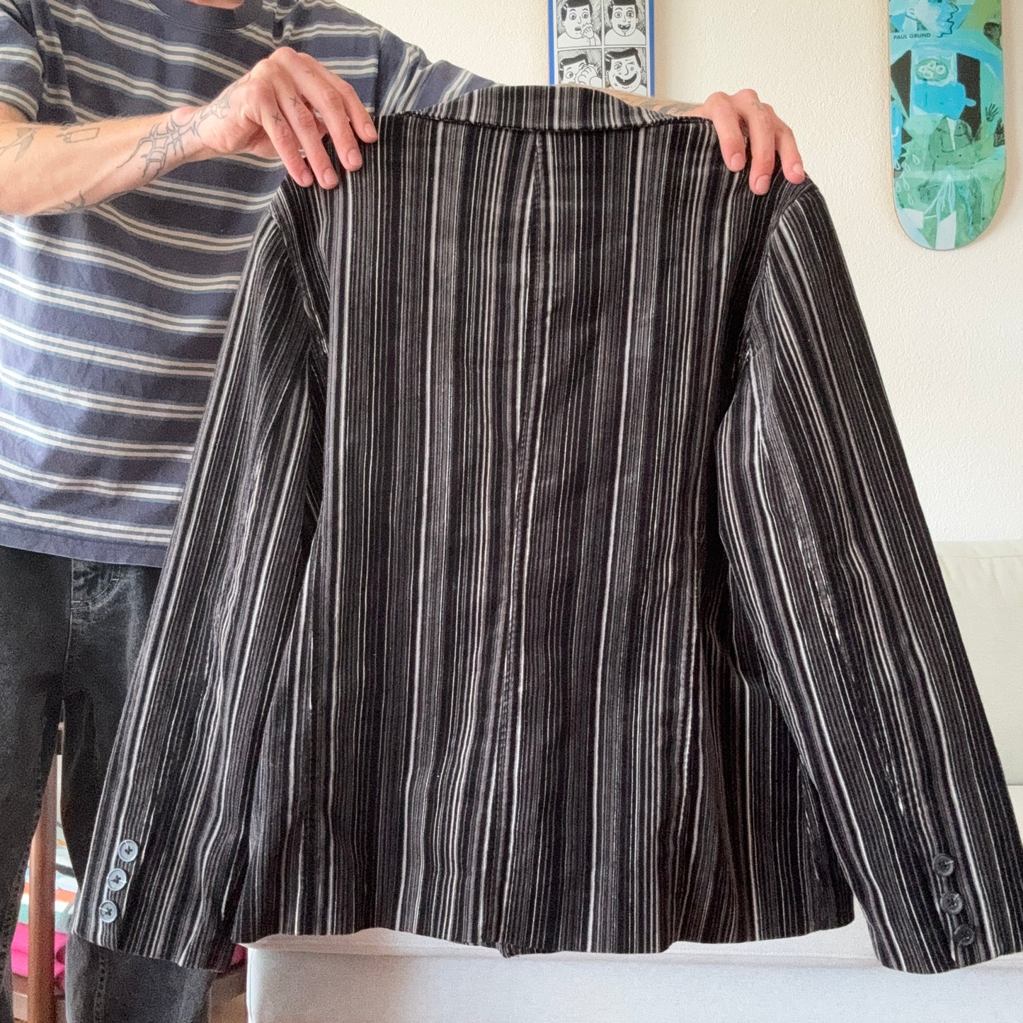 Black Blazer with gray and white Stripes