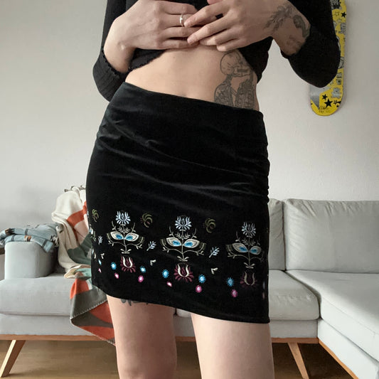 Black velvet Mini Skirt with cute little flowers around the bottom