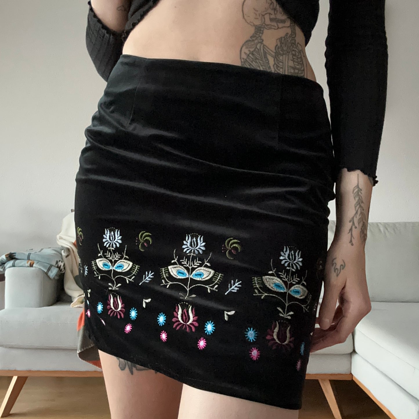 Black velvet Mini Skirt with cute little flowers around the bottom