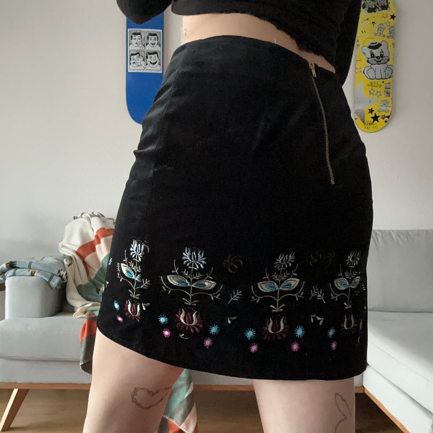 Black velvet Mini Skirt with cute little flowers around the bottom