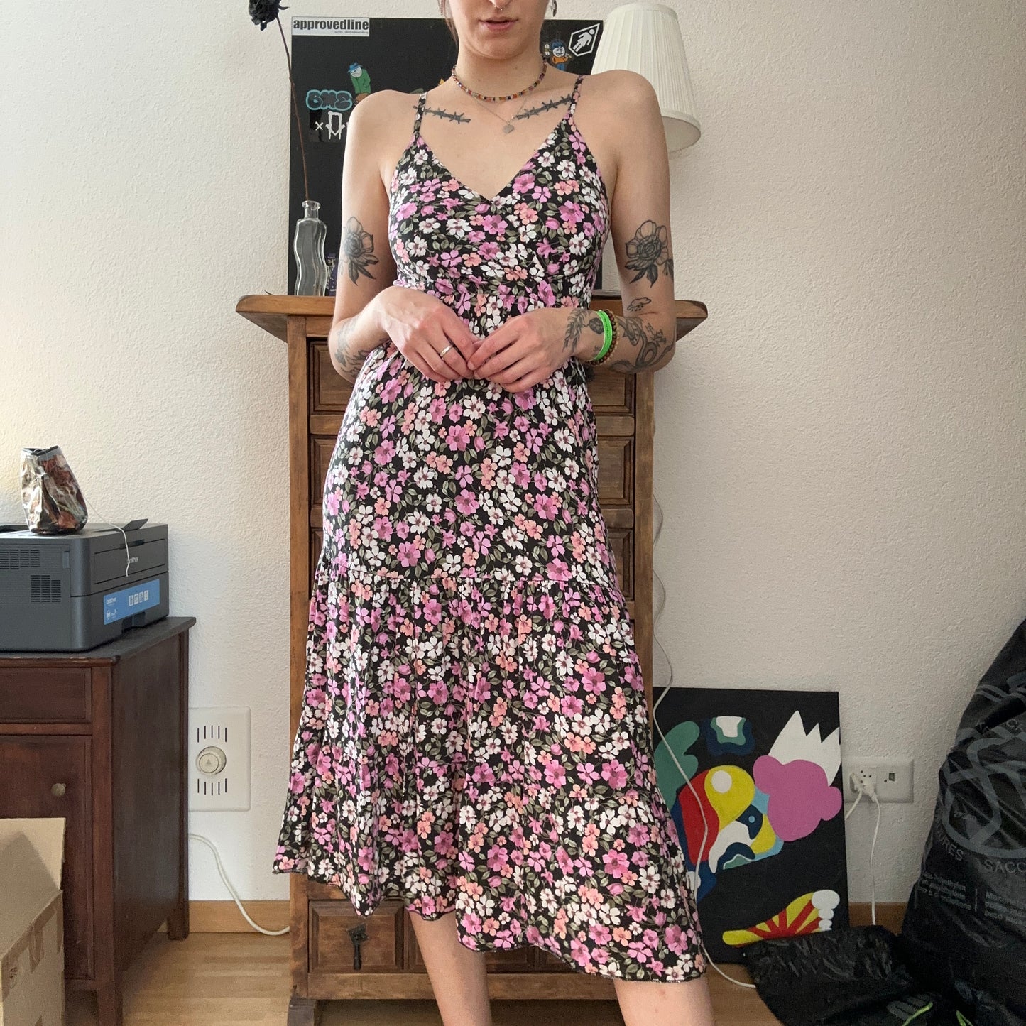 Black Midi Dress with cute Flower Print | Bern