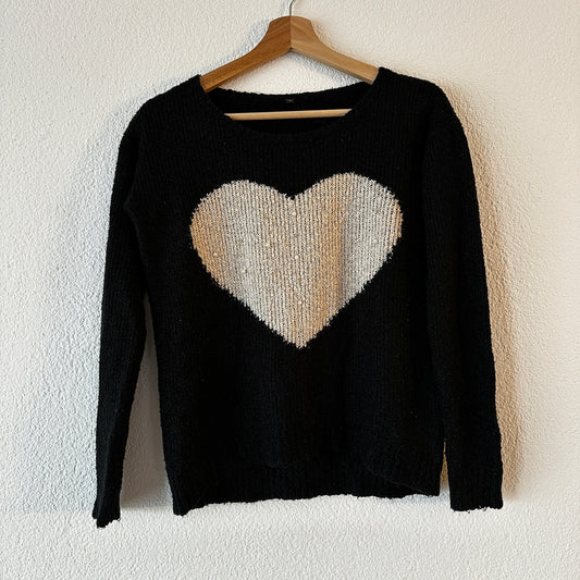 Black Knit Sweater with cute white heart and pearls in the front