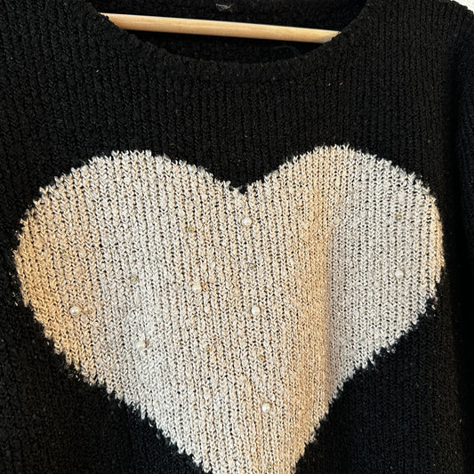 Black Knit Sweater with cute white heart and pearls in the front