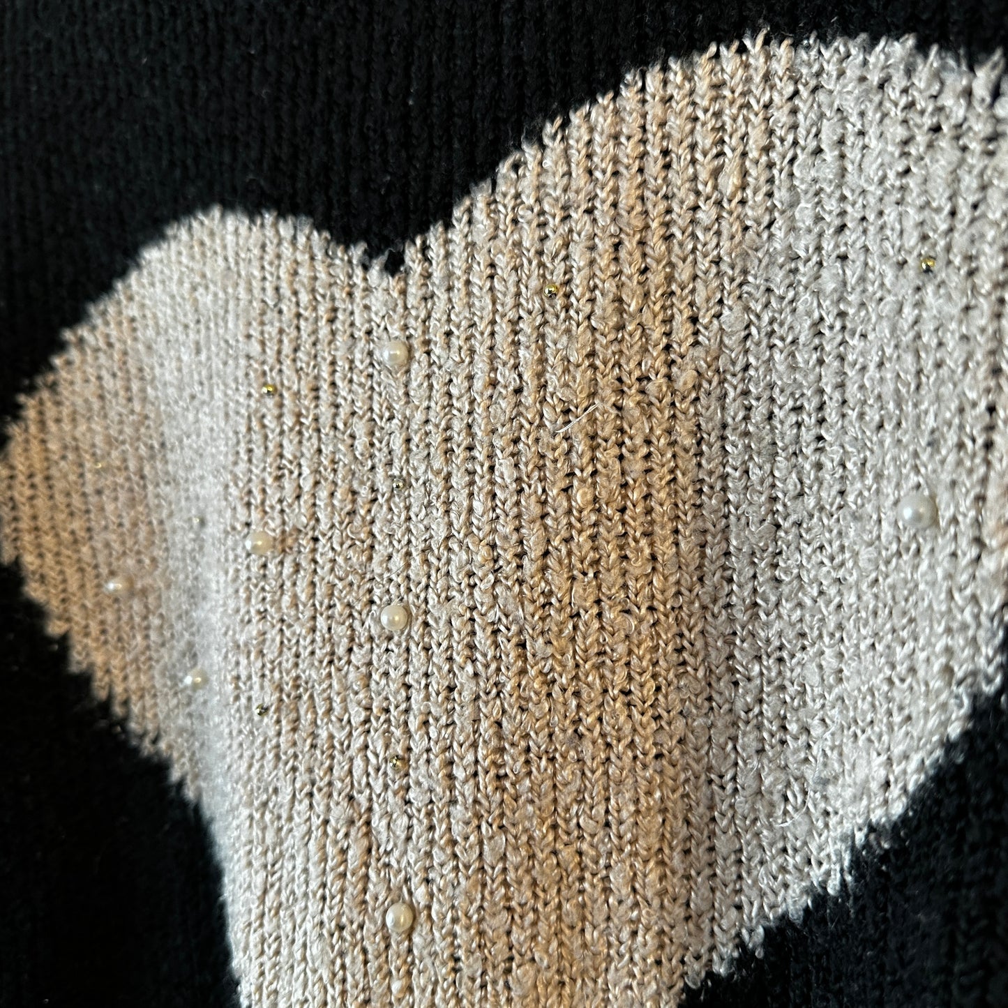 Black Knit Sweater with cute white heart and pearls in the front