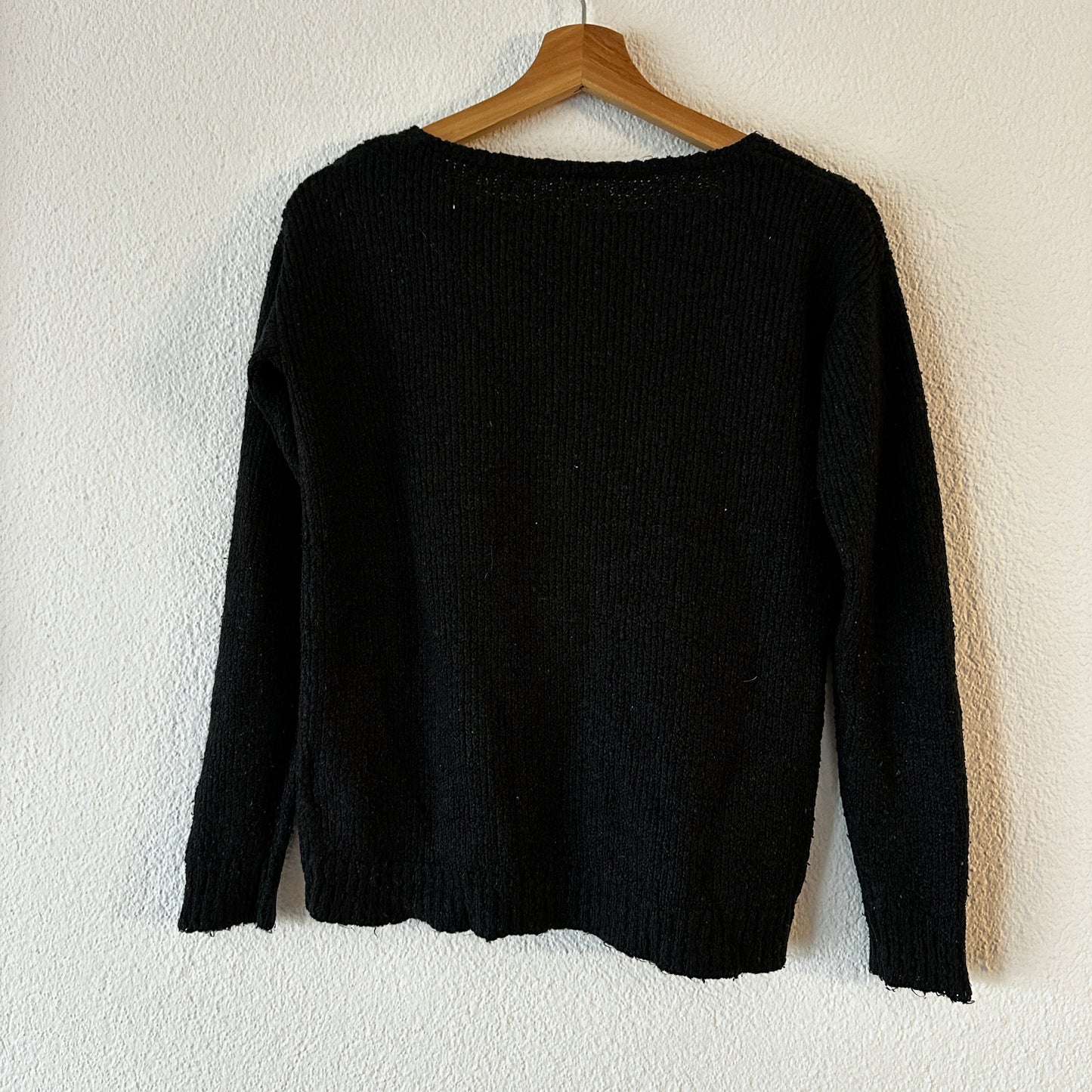 Black Knit Sweater with cute white heart and pearls in the front