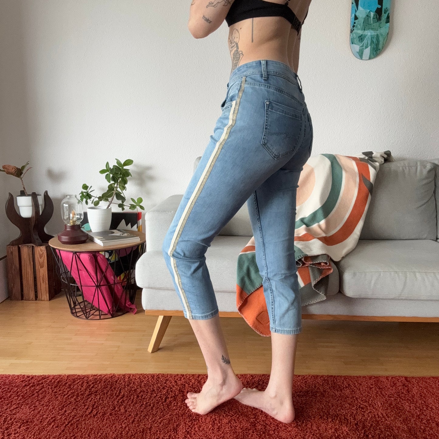 Blue Capri Jeans with white and gold stripes on the side