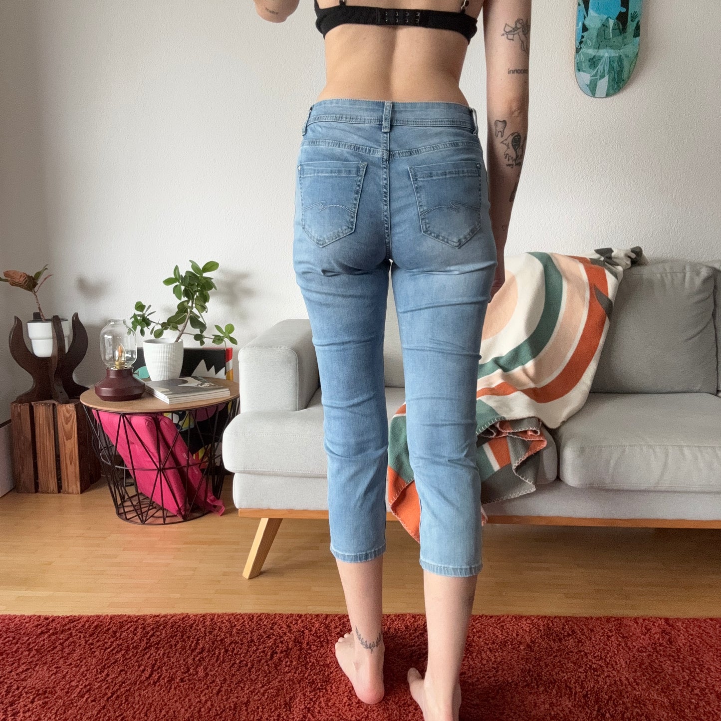 Blue Capri Jeans with white and gold stripes on the side