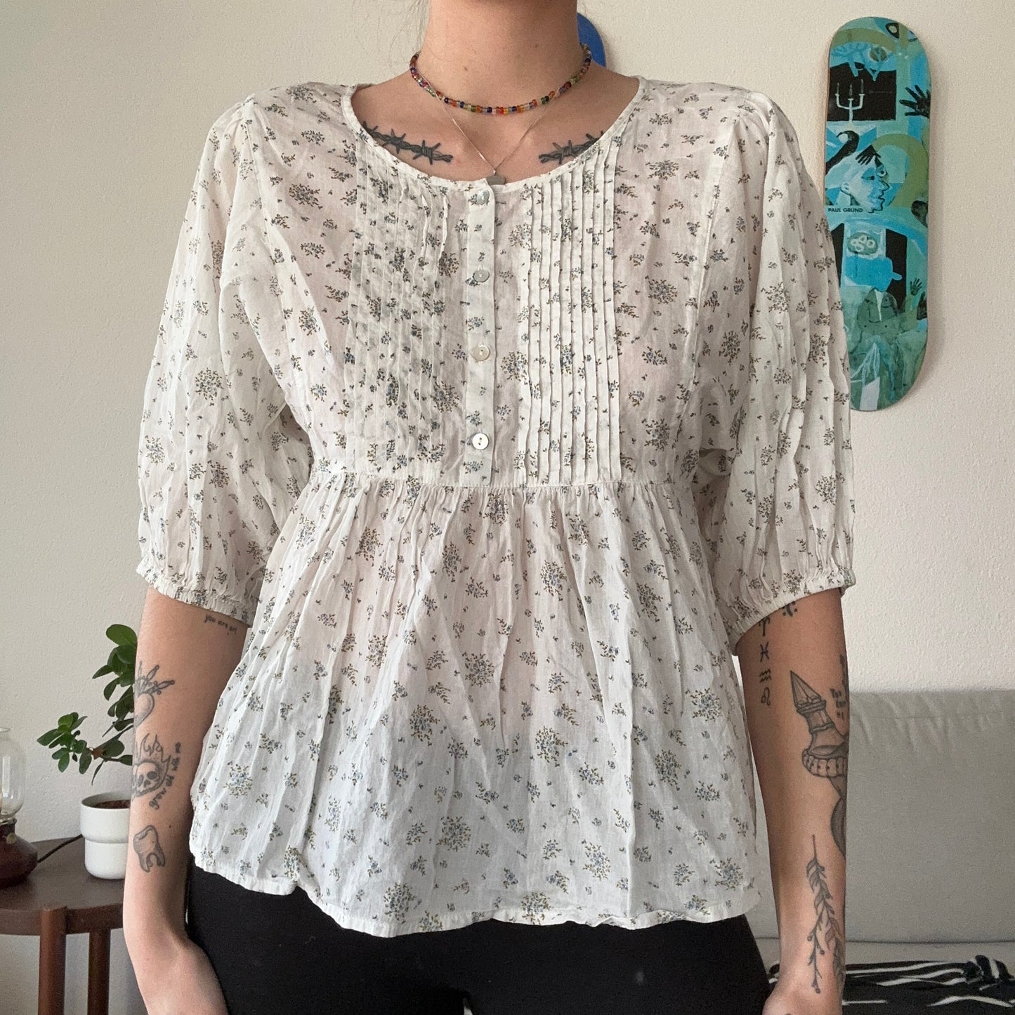 White Blouse with blue Flower Print | Bern