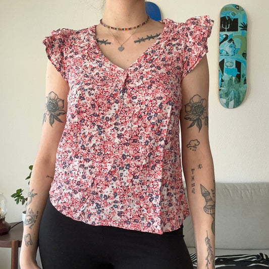 White Shirt with red and blue Flower Print | Bern