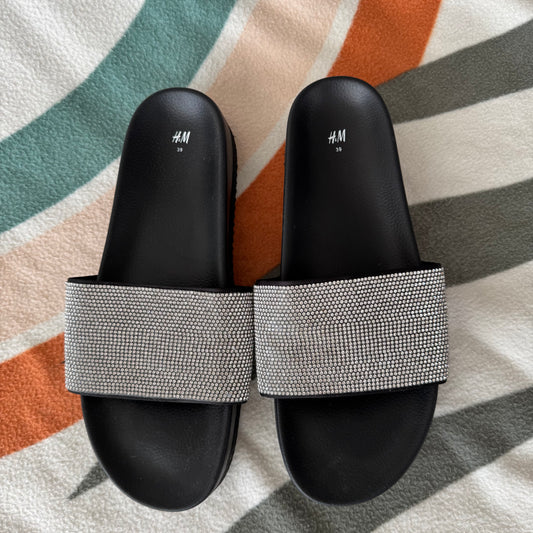 Black Slippers with silver glittery Details