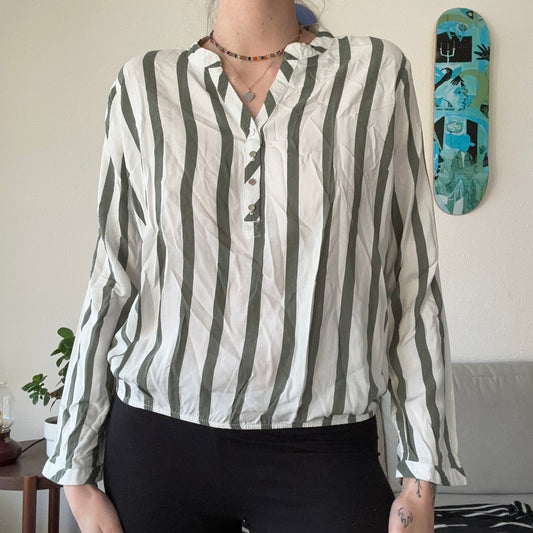 White Blouse with green/gray Stripes