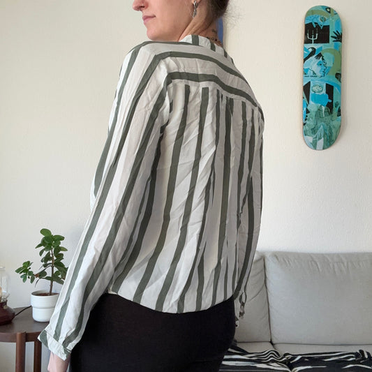 White Blouse with green/gray Stripes