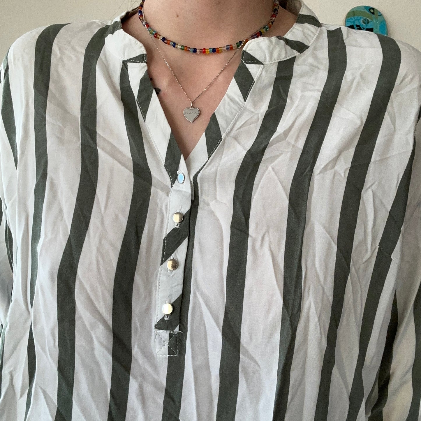 White Blouse with green/gray Stripes