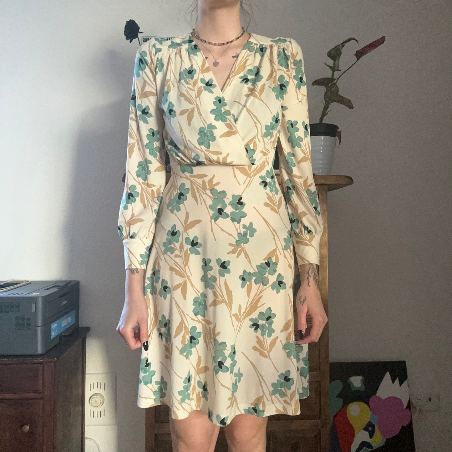 Beige Dress with blue Flower Print